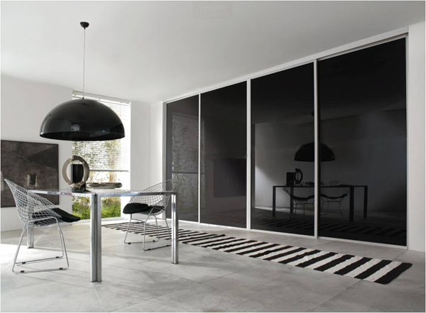 Black Glass Single Panel Sliding Wardrobe Doors - White or Silver Frame