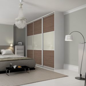 Maxima Sliding Wardrobe Doors - Ontario Walnut Soft White Glass