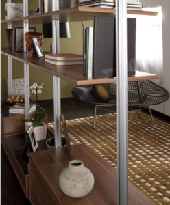 Alume Relax Walnut Shelf and Drawer Detail - Aluminium Stanchion System