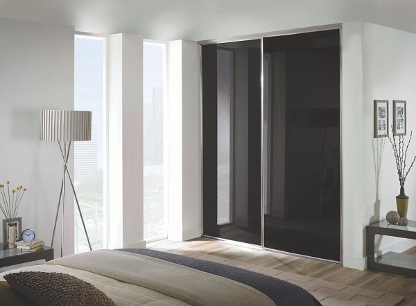 2 Black Glass and Silver Framed Sliding Wardrobe Doors (Classic, Contour, S700)