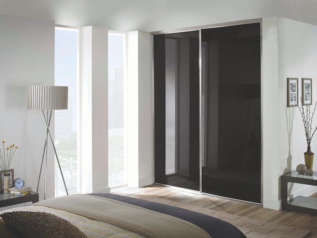 2 Black Glass and Silver Framed Sliding Wardrobe Doors (Classic, Contour, S700)