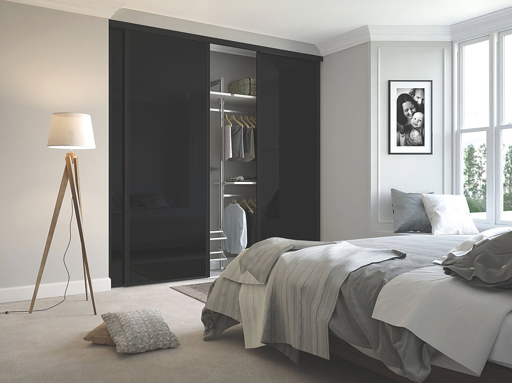 3 Black Glass and Black Framed Sliding Wardrobe Doors (Classic, Contour, S700)