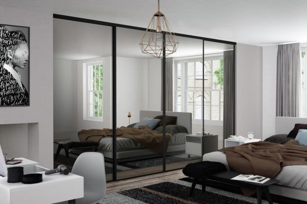 4 Black Glass and Black Framed Sliding Wardrobe Doors (Classic, Contour, S700)