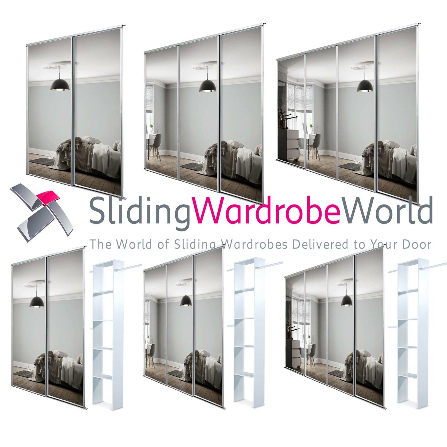 WHITE Frame MIRROR 'Stanley Design' sliding wardrobe door Kits (All