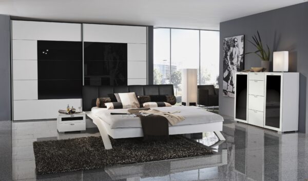 The white melamine with black glass wardrobe with Shuffle 1 pattern.