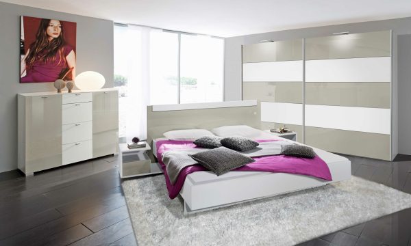 Inline free-standing sliding wardrobe in white melamine and stone grey glass panels.