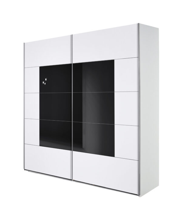 Shuffle 2 door white with black glass free-standing sliding wardrobe in Shuffle 1 pattern