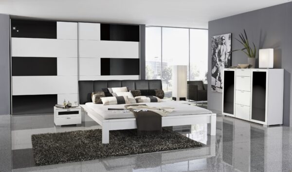 This image shows a white melamine with black glass panels wardrobe in our Shuffle 3 pattern.