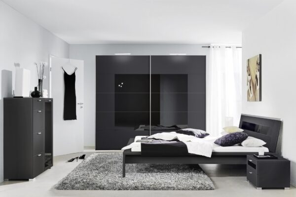 This image shows the black melamine with glass panels in our Shuffle 1 pattern