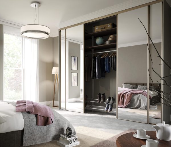 Matt Gold (Nickel) framed sliding wardrobe doors in mirror