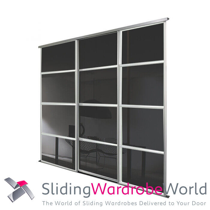 SpacePro SILVER Framed BLACK GLASS 4 Panel Sliding Door & track Kit - All sizes