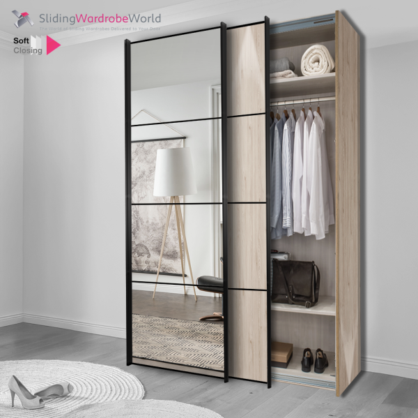 2 Door Freestanding Sliding Wardrobe, Black 4 Panel Door Frame, Rustic Oak Carcass, Mirror Glass Doors, and Good Interior