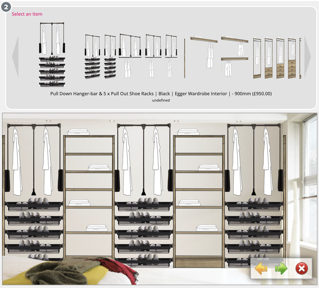 Pull Down Hanger-bar & 5 x Soft Close Pull Out Shoe Racks | Black | Egger Wardrobe Interior | Design Tool |