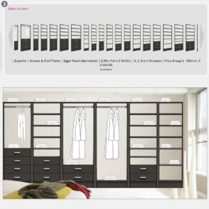 | Graphite | Drawer & Shelf Tower | Egger Wardrobe Interior | 2.05m Tall x 5 Widths | 0, 2, 3 or 4 Drawers | Price Group A