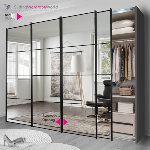 4 Door Freestanding Sliding Wardrobe, Black 4 Panel Door Frame, Havana Carcass, Mirror Glass Doors, and Better Interior