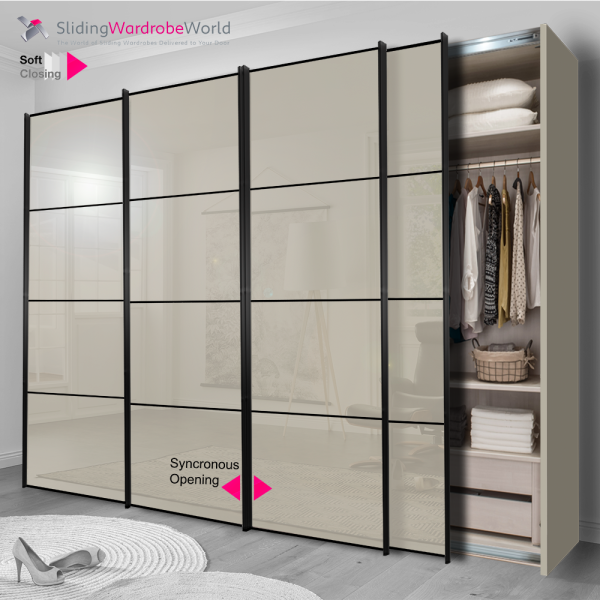 4 Door Freestanding Sliding Wardrobe, Black 4 Panel Door Frame, Pebble Grey Carcass,Pebble Grey Glass Doors, and Good Interior