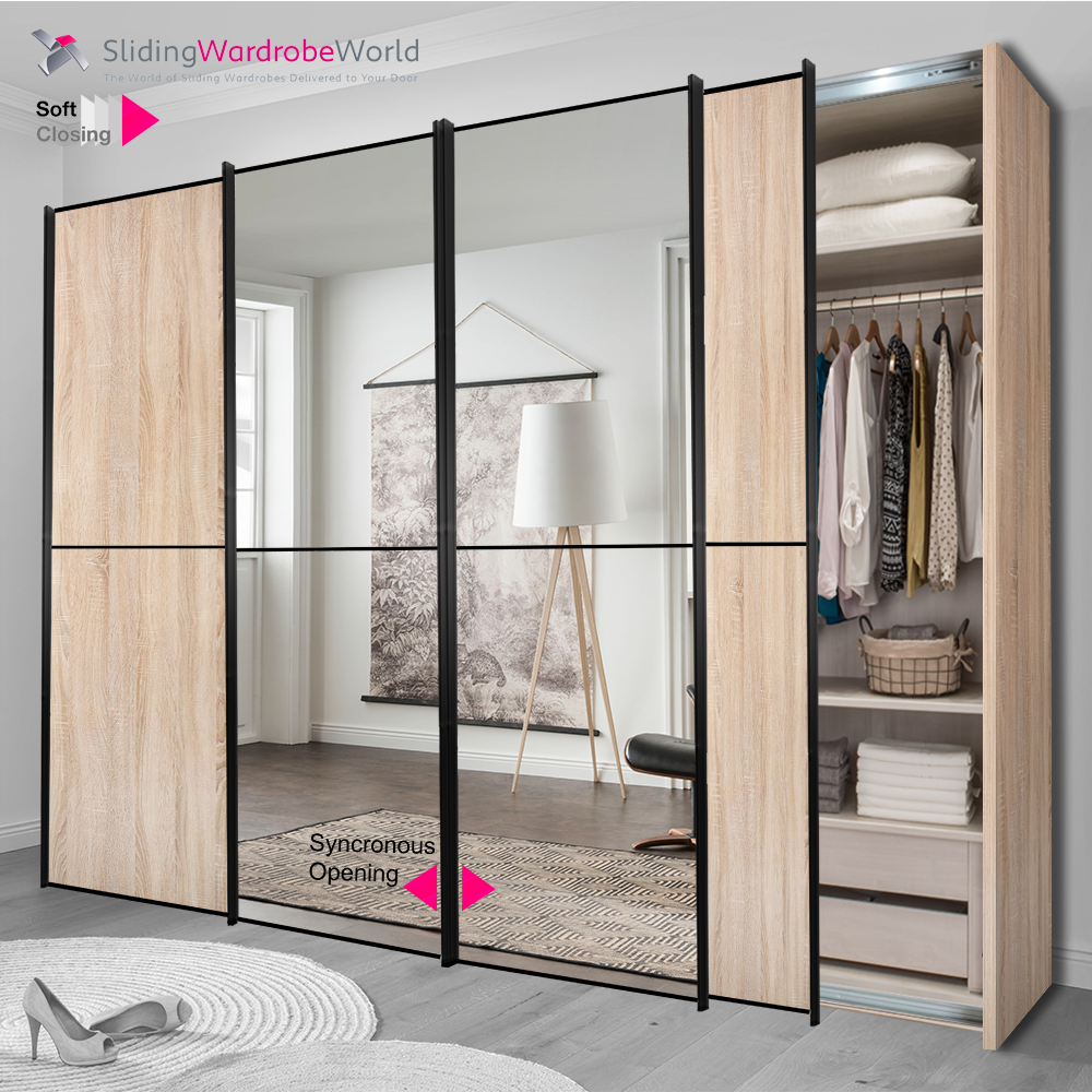 Fitted4U 4 Door Sliding Wardrobe with Holme Oak MFC Carcass and 2 Panel Mirror Doors and Better Interior