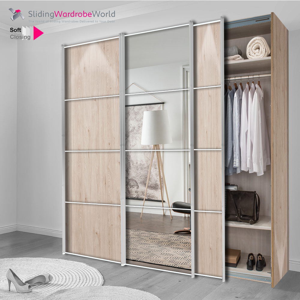 Fitted4U 3 Door Sliding Wardrobe with Holme Oak MFC Carcass and Mirror Door, 4 Panel Chrome Door Frames.