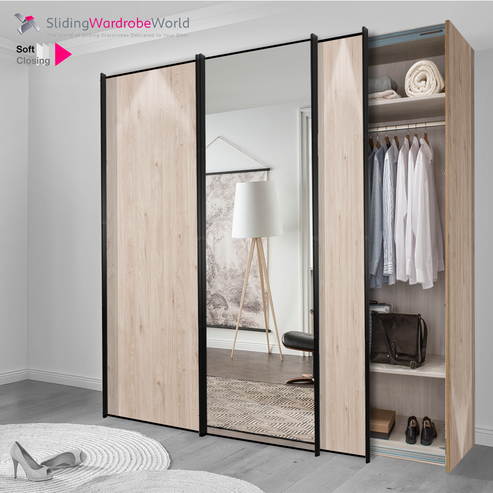 Fitted4U 3 Door Sliding Wardrobe with Holme Oak MFC Carcass and Doors, Black Door Frames.