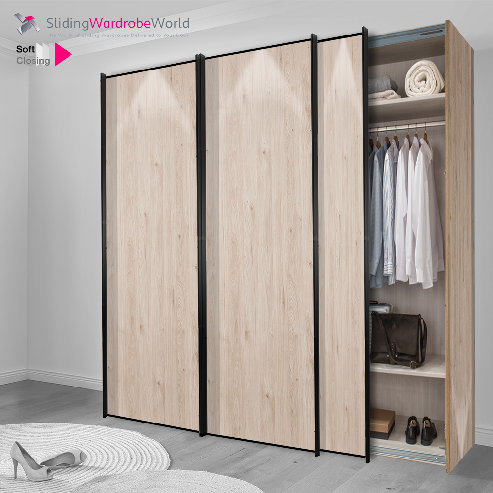 Fitted4U 3 Door Sliding Wardrobe with Holme Oak Carcass and Panel Doors, Black Door Frames.