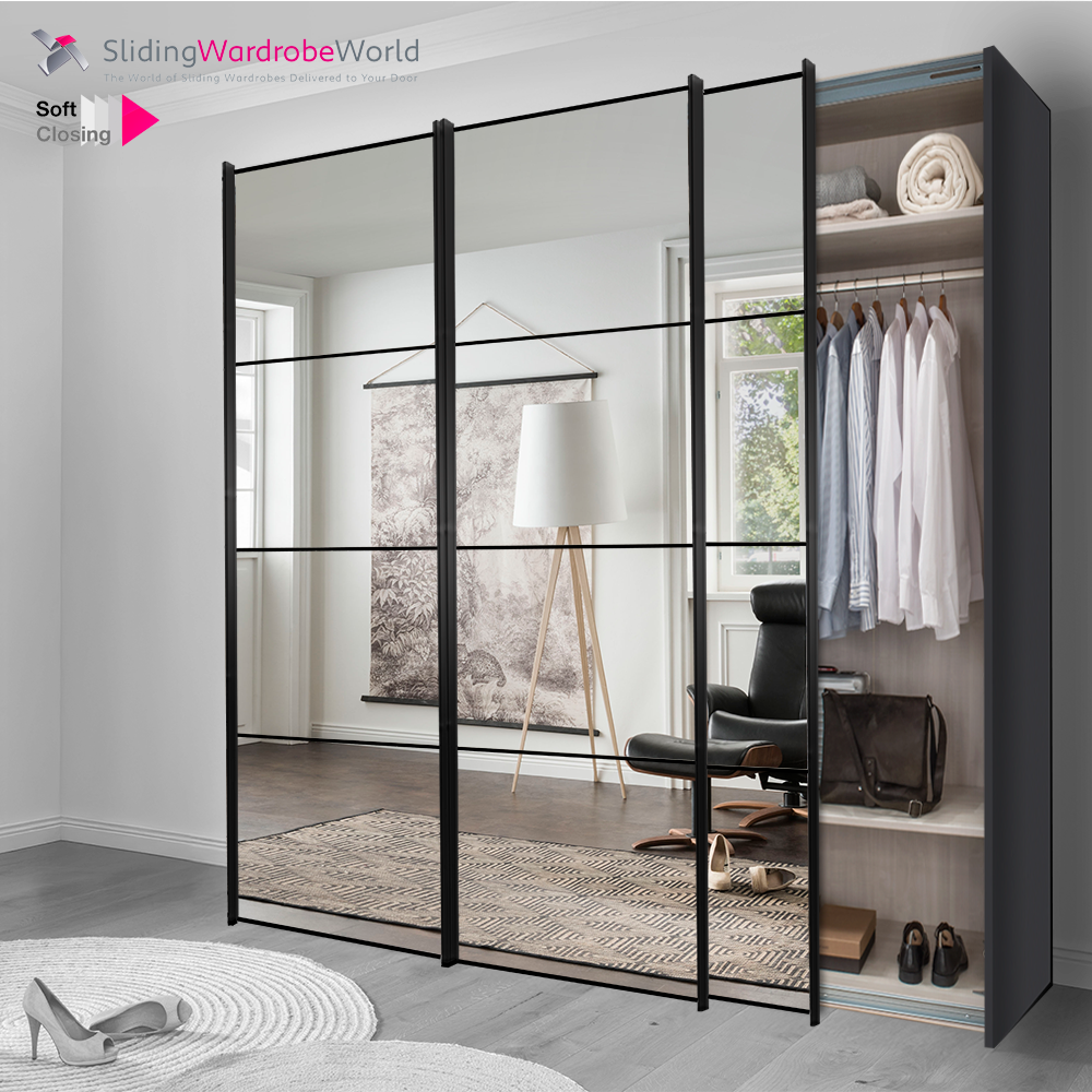Fitted4U 3 Door Sliding Wardrobe with Graphite Carcass, Mirror Doors and Black 4 Panel Door Frames