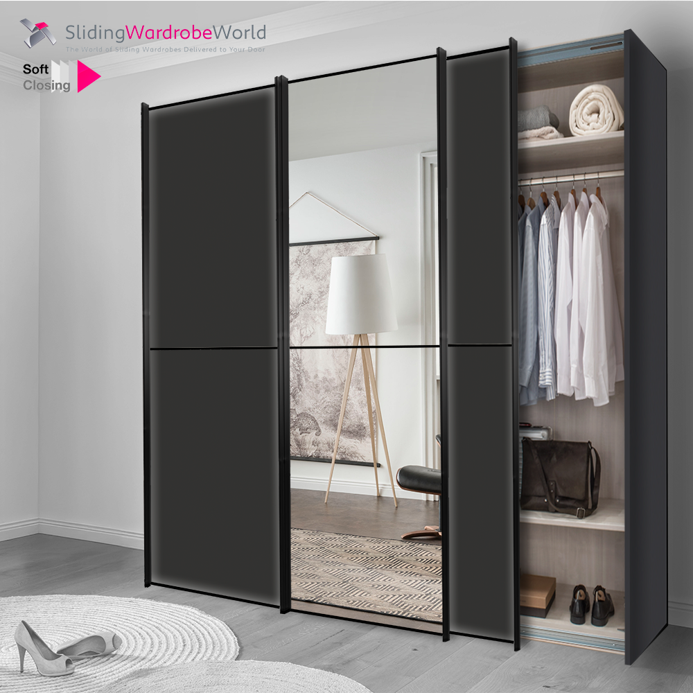 Fitted4U 3 Door Sliding Wardrobe with Graphite MFC Carcass, Mirror Door and Black 2 Panel Door Frames