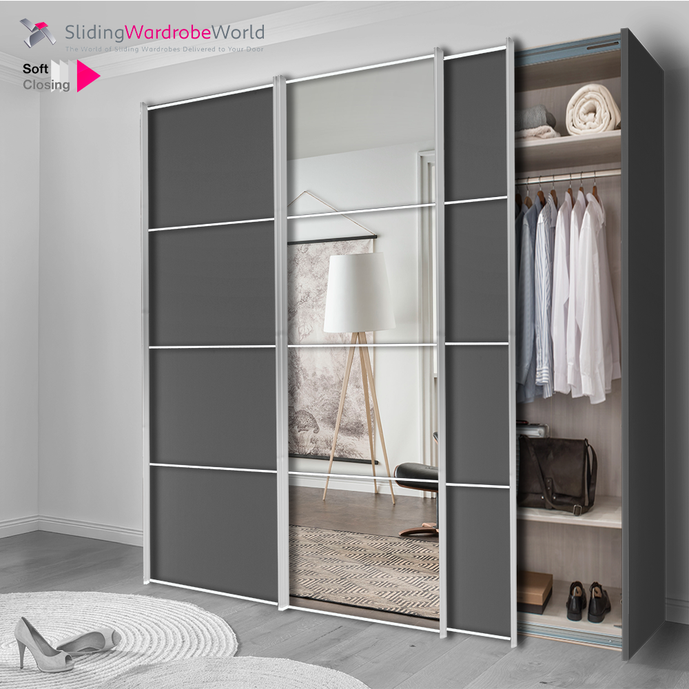 Fitted4U 3 Door Sliding Wardrobe with Havana and Mirror 4 Panel Doors, Chrome Frames, and Good Interior