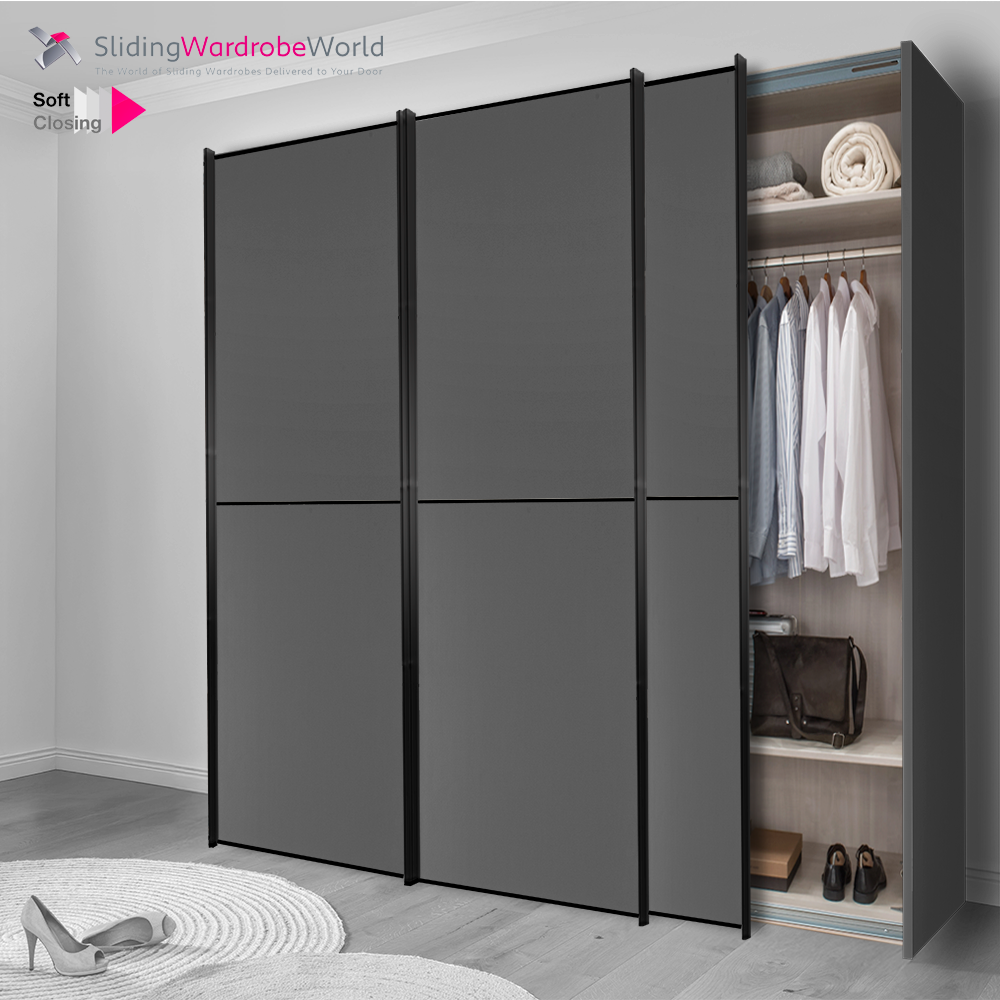 Fitted4U 3 Door Sliding Wardrobe with Graphite 2 Panel Doors, Graphite Carcass and Good Interior