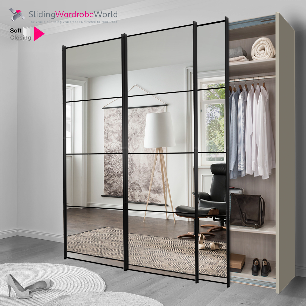 Fitted4U 3 Door Sliding Wardrobe with Pebble Grey MFC Carcass and Mirror Doors, 4 Panel Black Door Frames.
