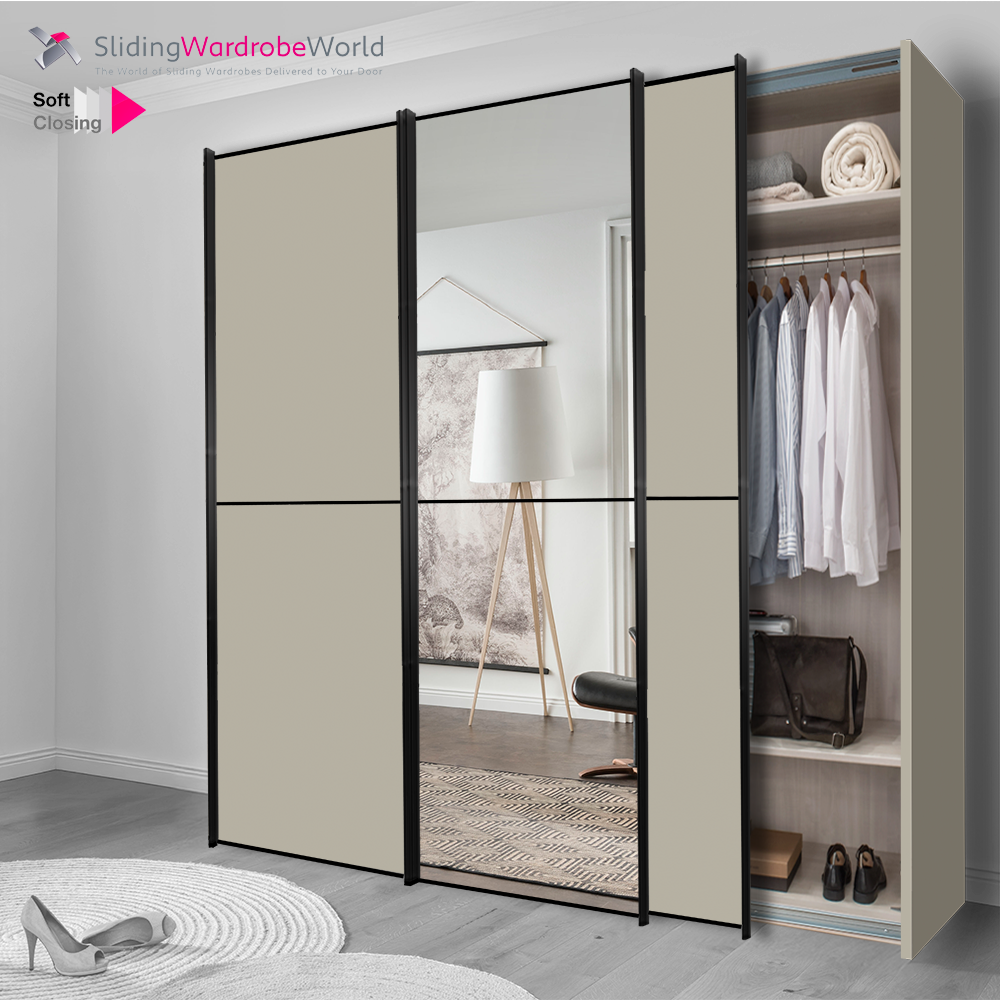 Fitted4U 3 Door Sliding Wardrobe with Pebble Grey MFC Carcass and Mirror Door, 2 Panel Black Door Frames.