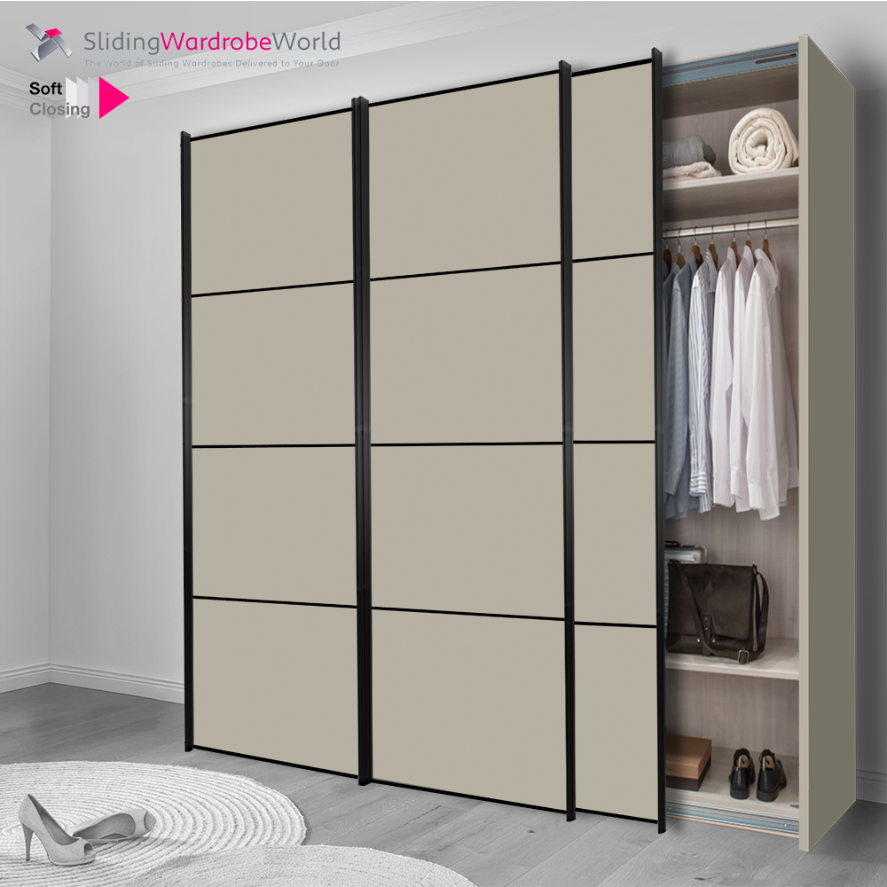 Fitted4U 3 Door Sliding Wardrobe with Pebble Grey Doors, in 4 Panel Black Frame Design