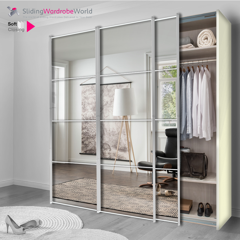 Fitted4U 3 Door Sliding Wardrobe with White MFC Carcass, Mirror Doors and Chrome 4 Panel Door Frames