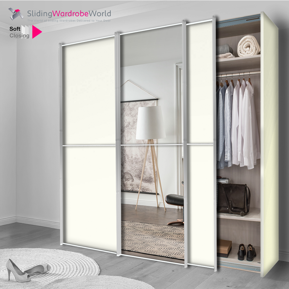 Fitted4U 3 Door Sliding Wardrobe with White MFC Doors, in 2 Panel Chrome Frame Design