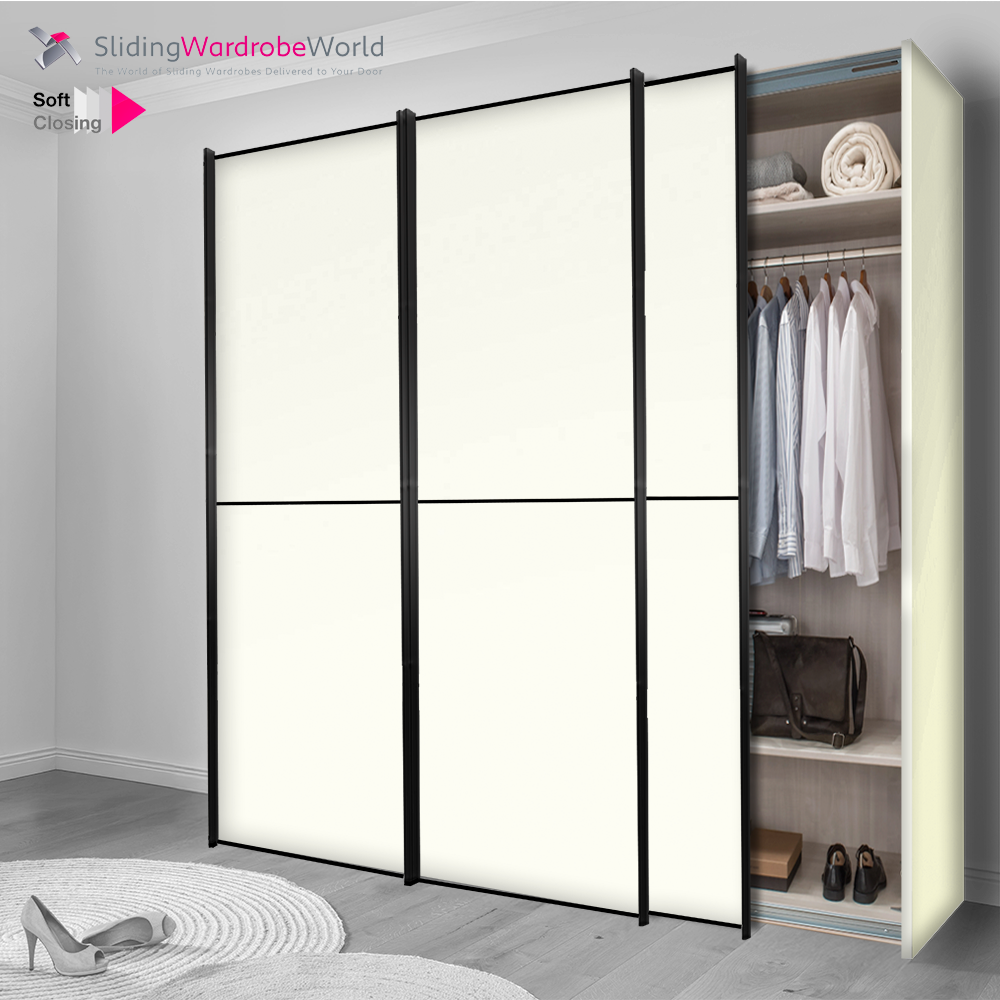 Fitted4U 3 Door Sliding Wardrobe with White MFC Carcass and White Glass Doors, 2 Panel Black Door Frames.