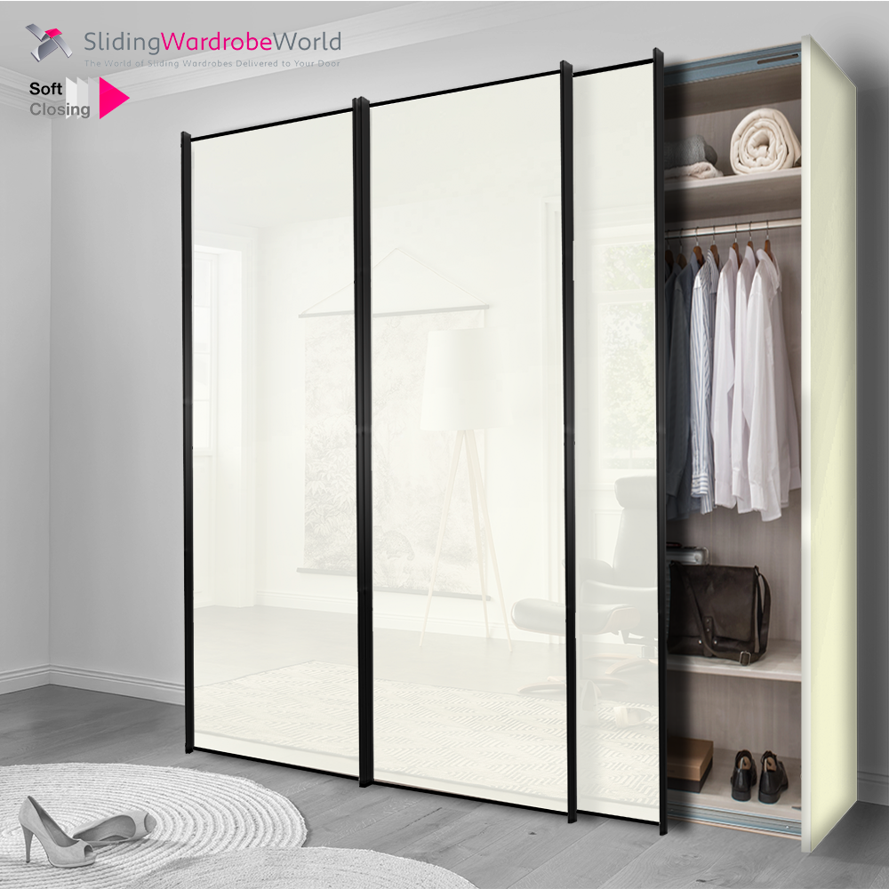 Fitted4U 3 Door Sliding Wardrobe with White Carcass and White Glass Doors, Black Door Frames.
