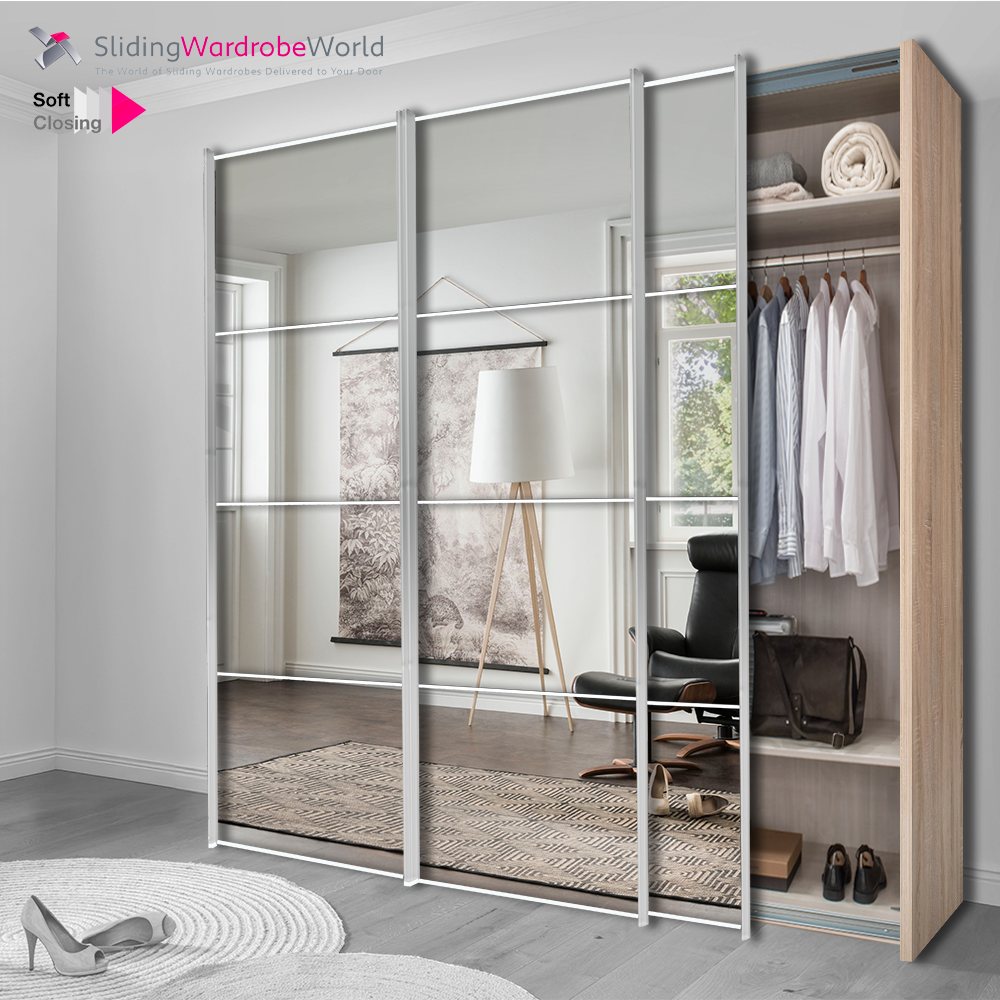 Fitted4U 3 Door Sliding Wardrobe with Rustic Oak Carcass and Mirror 4 Panel Doors, Chrome Door Frames.