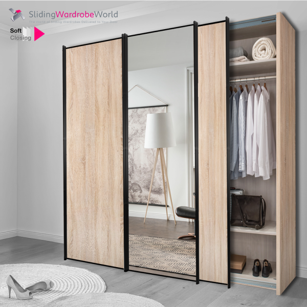 3 Door Freestanding Sliding Wardrobe, Black 1 Panel Door Frame, Rustic Oak Panel and Mirror, and Good Interior