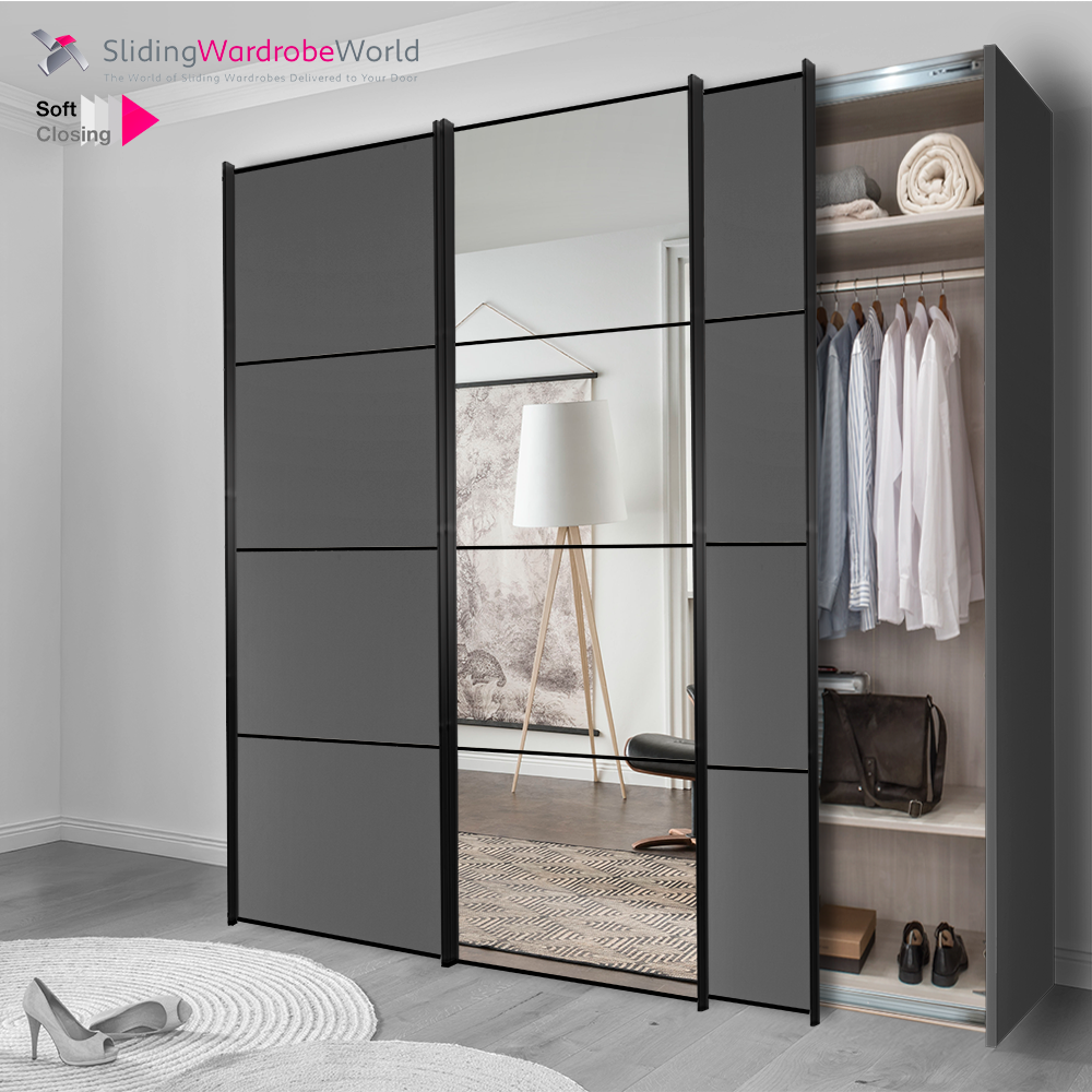 3 Door Sliding Wardrobe, Black 4 Panel Door Frame, Havana & Mirror Panels, and Good Interior