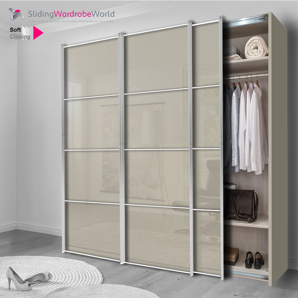 Fitted4U 3 Door Sliding Wardrobe with Pebble Grey MFC Carcass, Pebble Grey Glass Doors and Chrome 4 Panel Door Frames and GOOD Interior