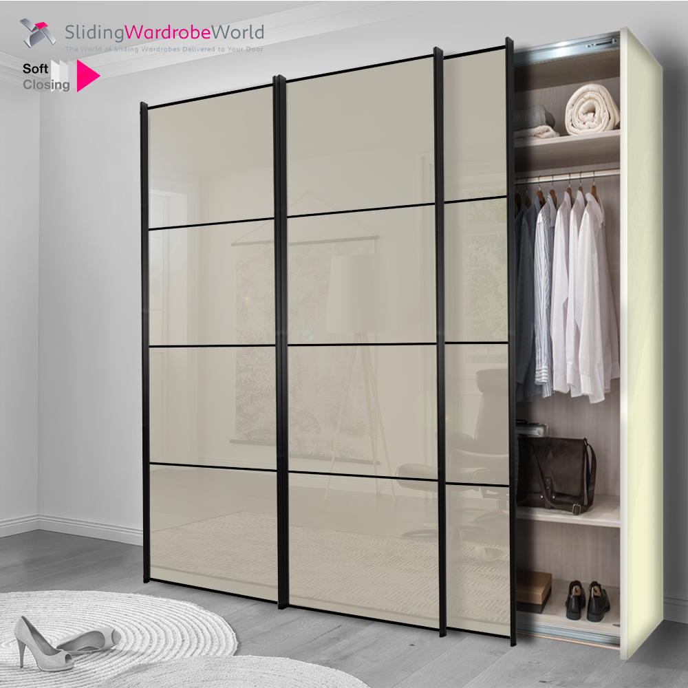 Fitted4U 3 Door Sliding Wardrobe with Pebble Grey Glass 4 Panel Doors, White Carcass and Good Interior