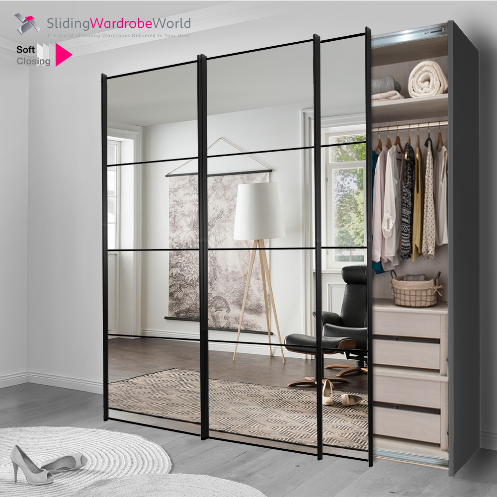 Fitted4U 3 Door Sliding Wardrobe with Graphite MFC Carcass and Mirror Doors, 4 Panel Black Door Frames. and BEST INterior
