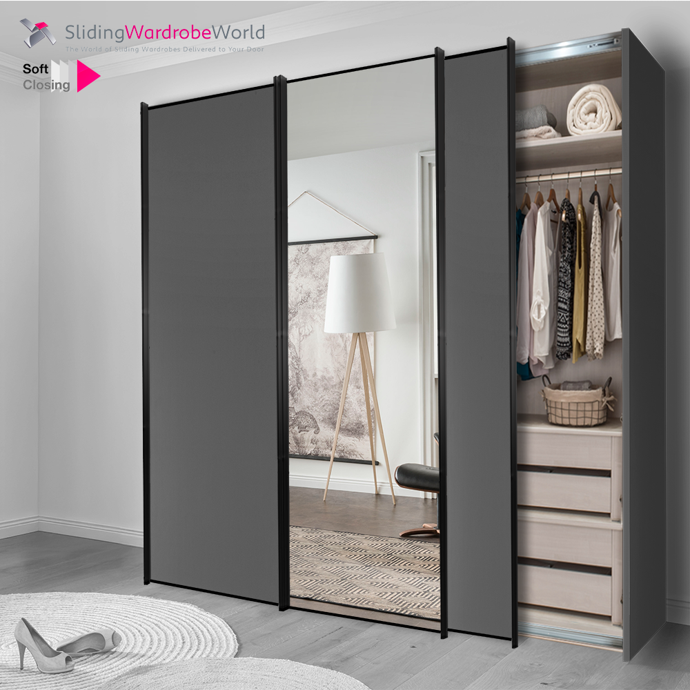 Fitted4U 3 Door Sliding Wardrobe with Havana Carcass and Mirror Doors, Black Door Frames.