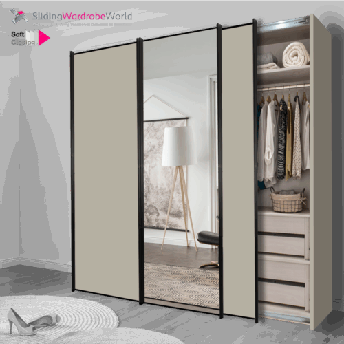 3 Door Sliding Wardrobe, Black 1 Panel Door Frame, Pebble Grey & Mirror Panels, and Best Interior