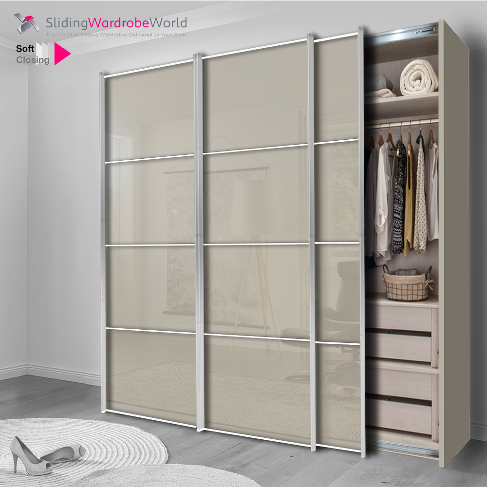 Fitted4U 3 Door Sliding Wardrobe with Pebble Grey MFC Carcass, Pebble Grey Glass Doors and Chrome 4 Panel Door Frames and BEST Interior
