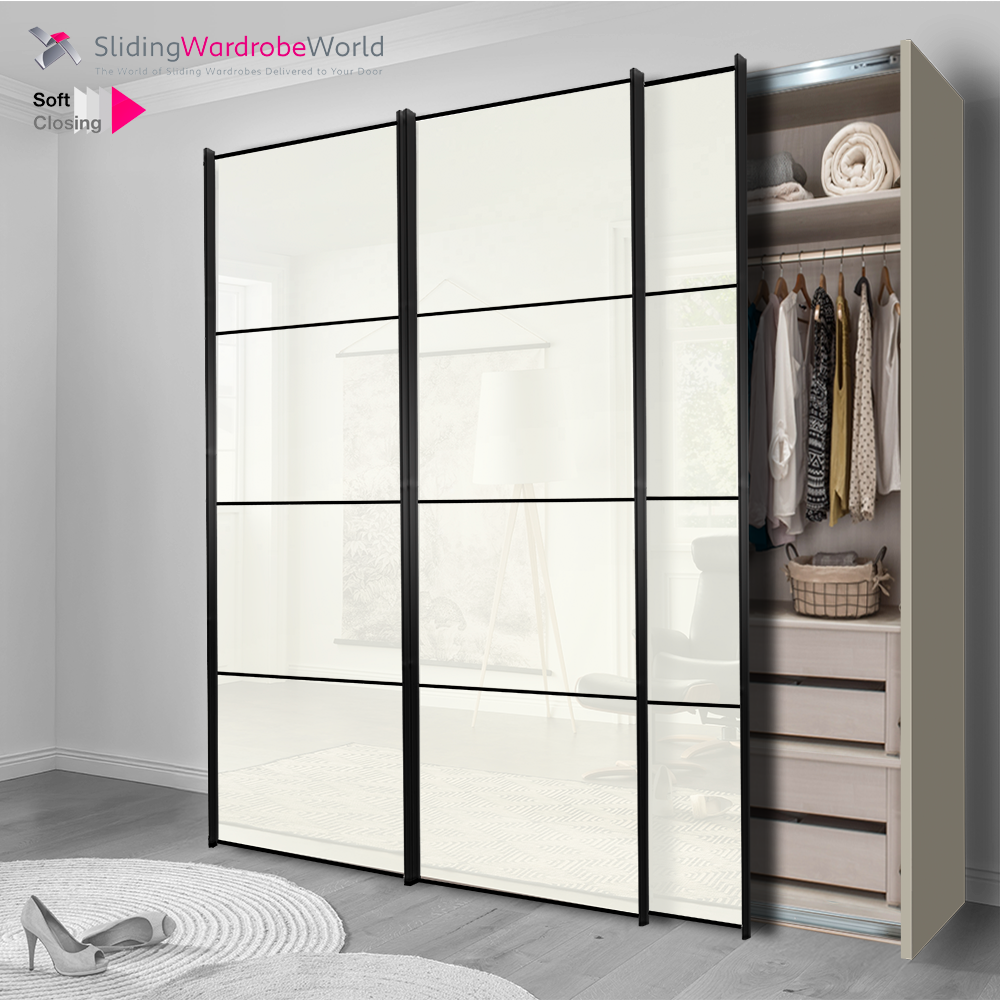 Fitted4U 3 Door Sliding Wardrobe with Pebble Grey MFC Carcass, White Glass Doors and Black 4 Panel Door Frames and BEST Interior