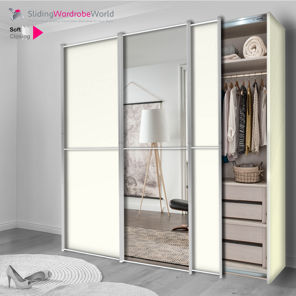Fitted4U 3 Door Sliding Wardrobe with White MFC Carcass, Mirror Door and Chrome 2 Panel Door Frames with BEST INterior