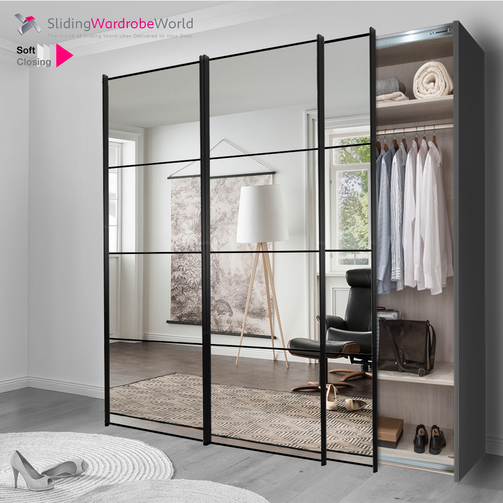 Fitted4U 3 Door Sliding Wardrobe with Havana Carcass and Mirror 4 Panel Doors, Black Door Frames.