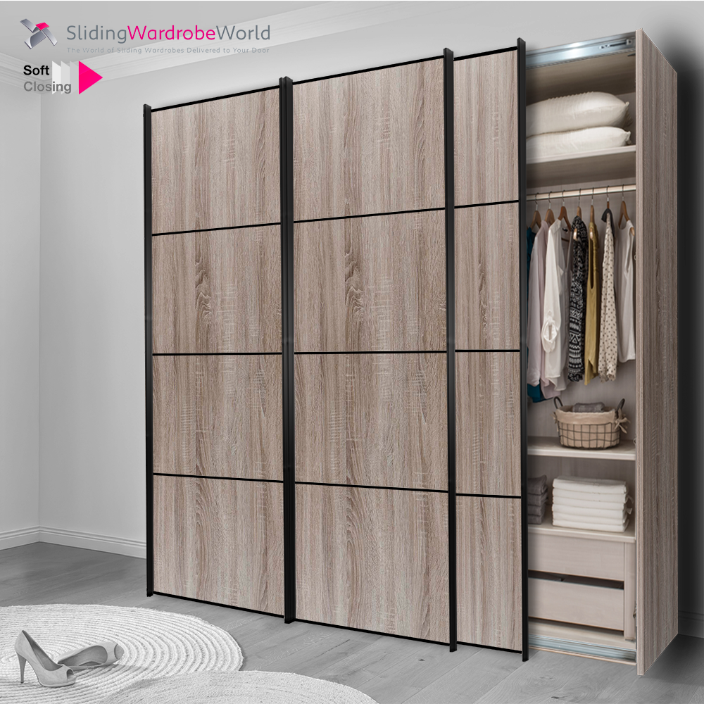 Fitted4U 3 Door Sliding Wardrobe with Dark Rustic Oak Doors, in 4 Panel Black Frame Design