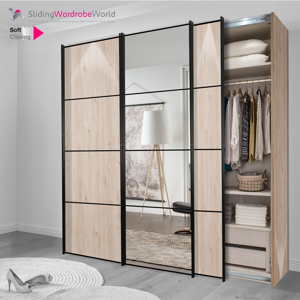 Fitted4U 3 Door Sliding Wardrobe with Holme Oak and Mirror 4 Panel Doors and Best Interior