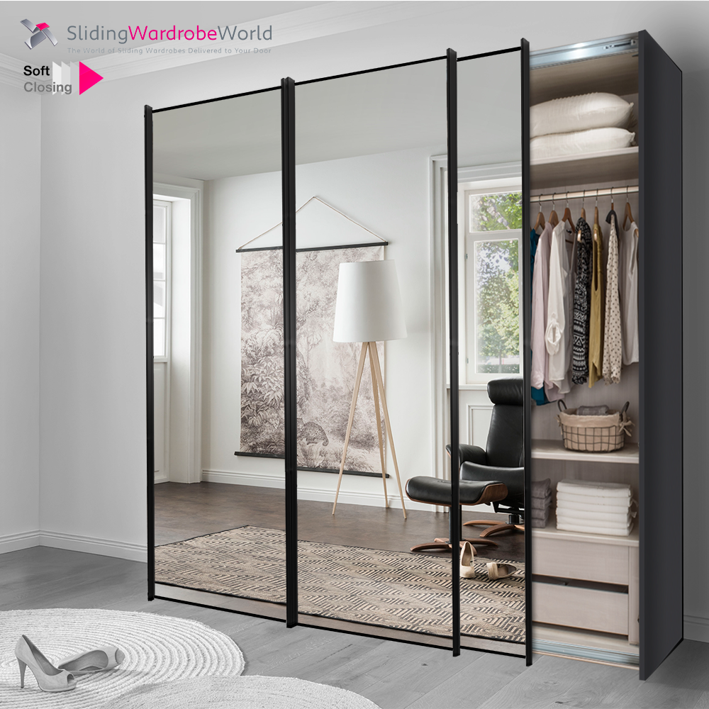 Fitted4U 3 Door Sliding Wardrobe with Graphite Carcass and Mirror Doors, Black Frames, and Better Interior